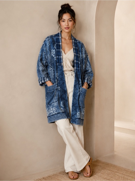 Anthropologie Sweaters - Anthropologie Blue Paisley Open Front Duster Cardigan Boho Cozy Pockets L/XL
